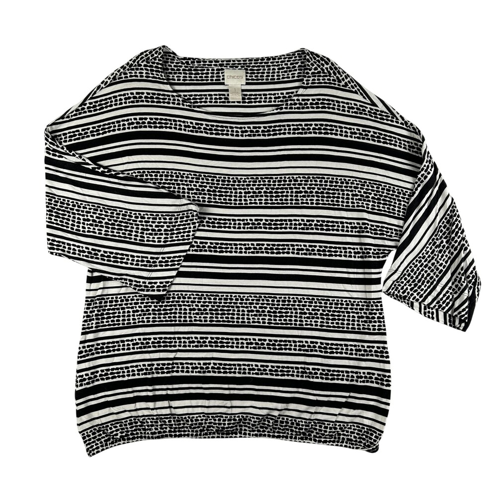 Chico's Shirt Womens 1 Black White Stripe Dolman 3/4 Sleeve Jersey Banded Hem